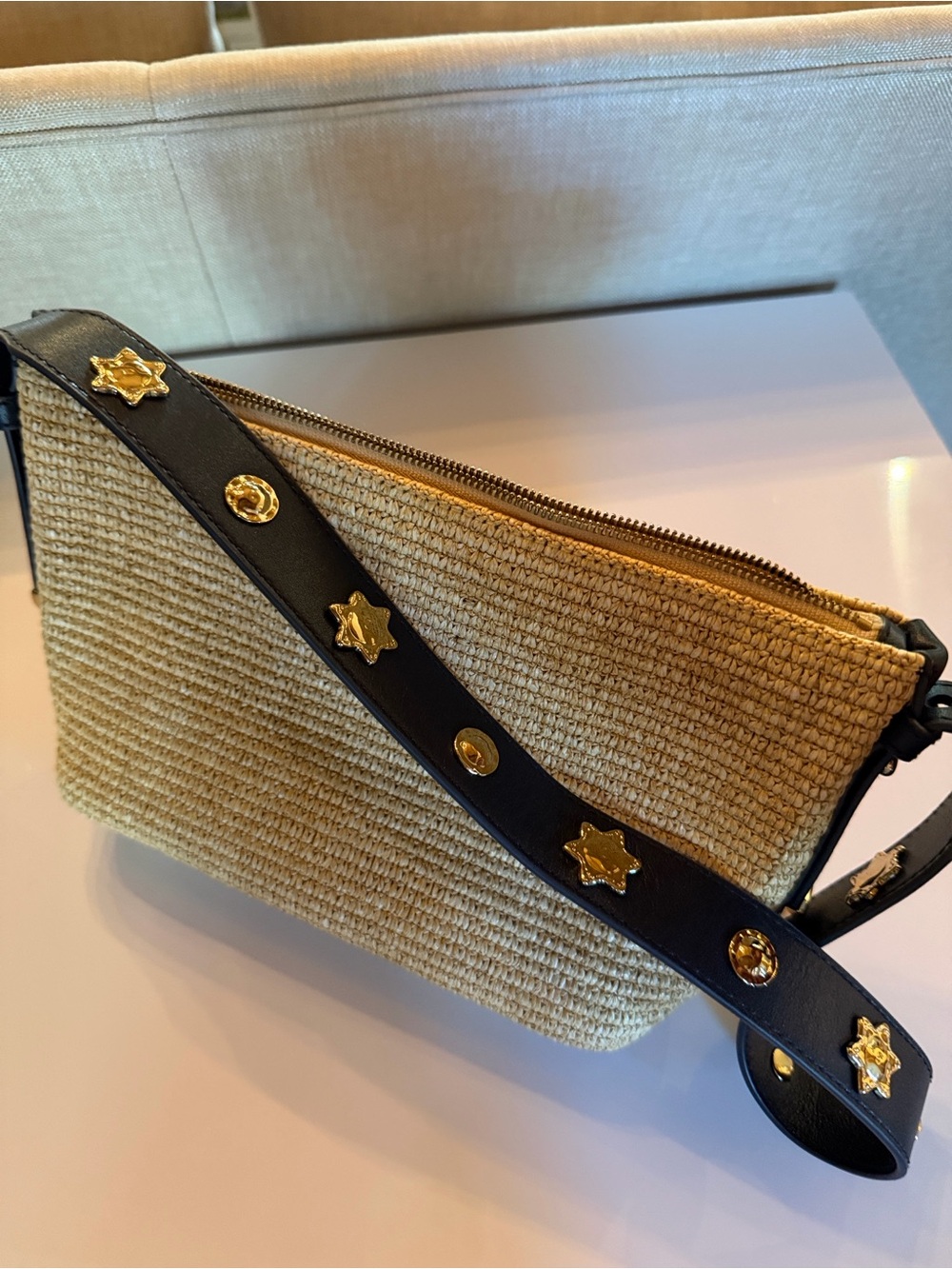 Madewell Natural Straw Crossbody with Black Leather Star-Stud Strap